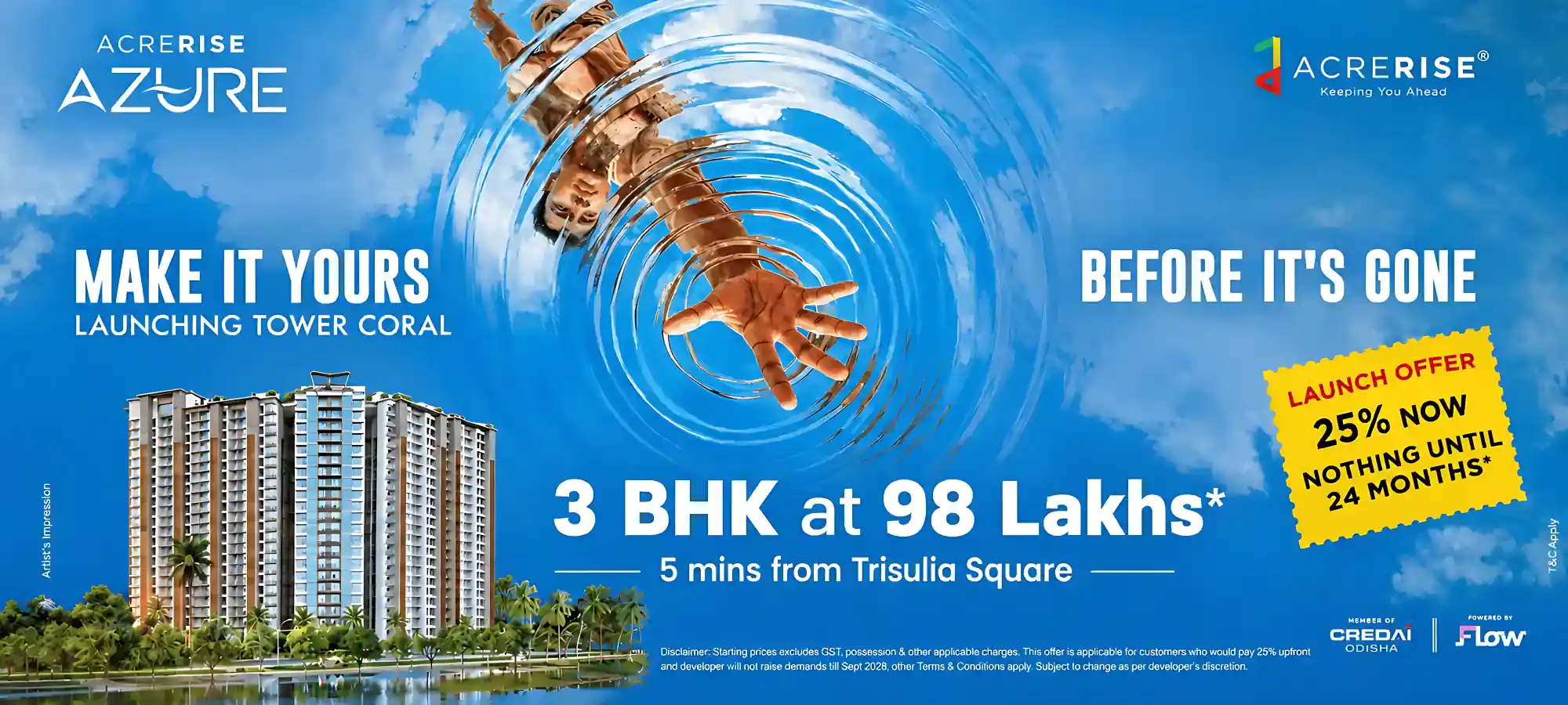 AcreRise Azure — Make It Yours, Launching Tower Coral. 3 BHK at ₹98 Lakhs*, 5 mins from Trisulia Square